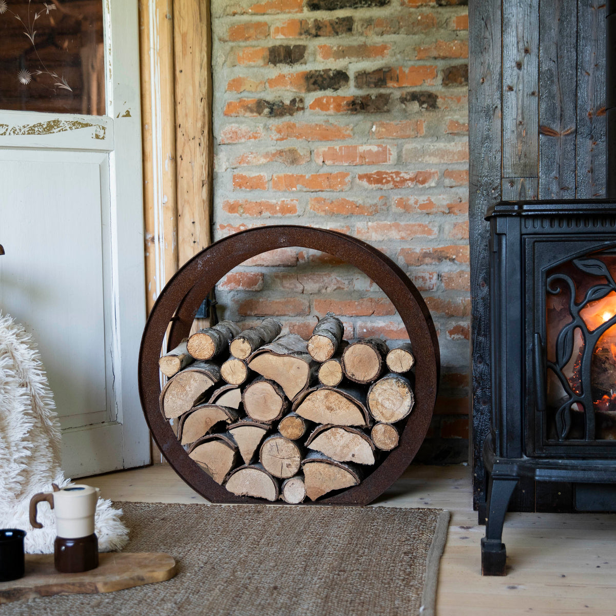 Okrągły metalowy stojak na drewno kominkowe – regał na drewno 78×73 ×35 cm