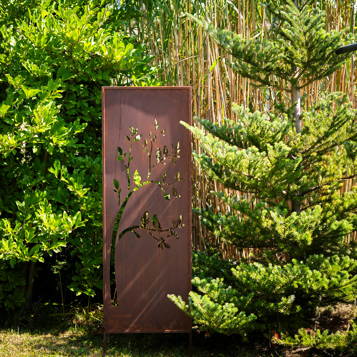 Panel ogrodowy Corten - Parawan z ptakami na drzewie 160 x 50 cm