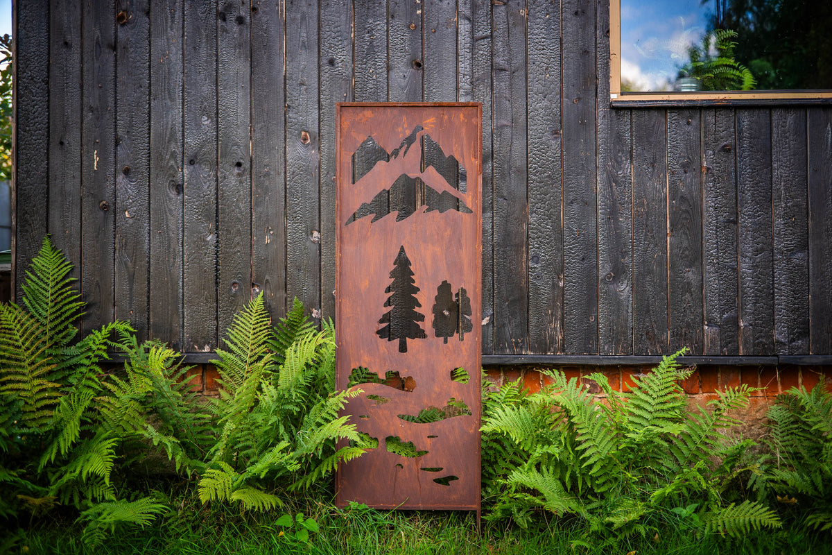 Panel ogrodowy Corten - Parawan z łąką i górami 160 x 50 cm
