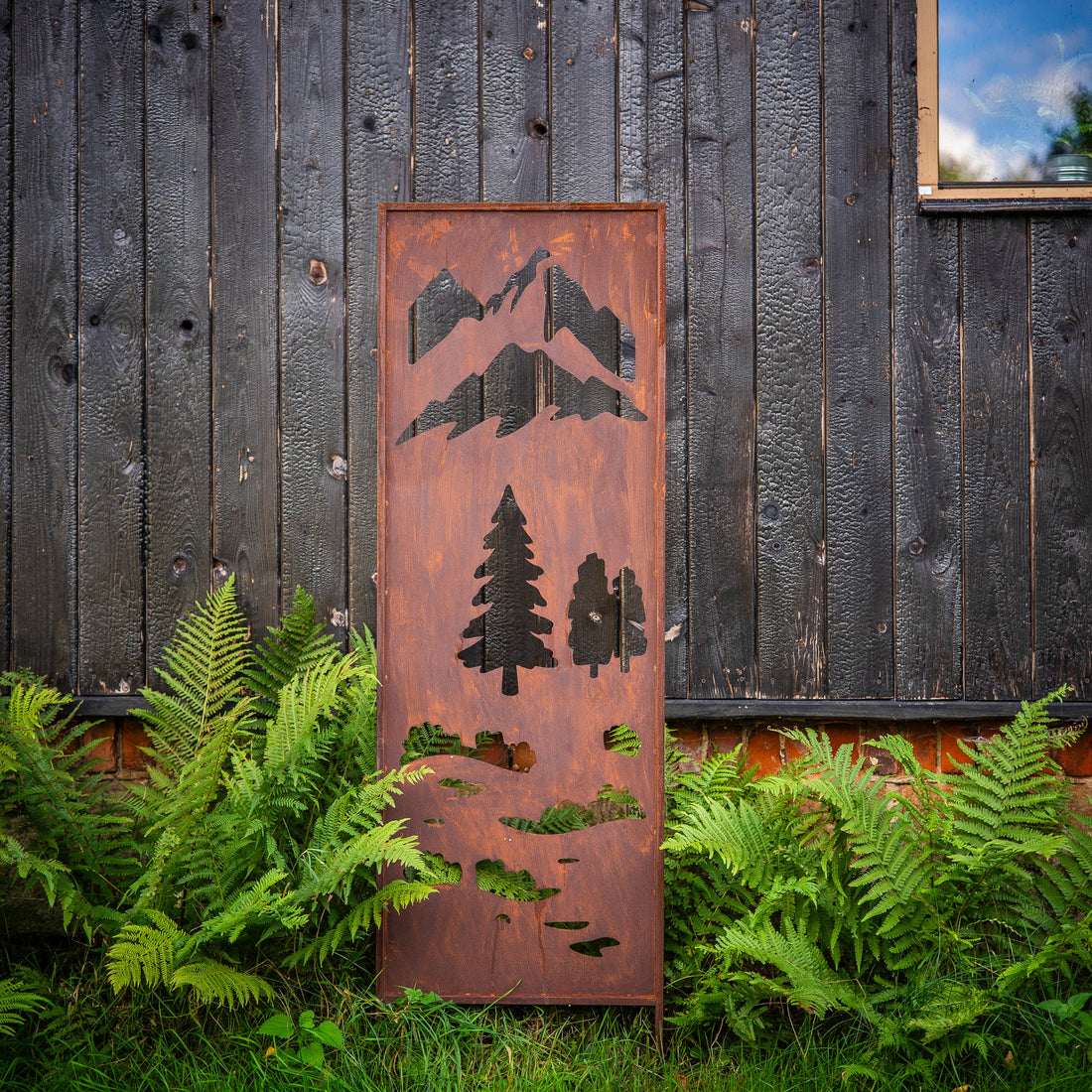 Panel ogrodowy Corten - Parawan z łąką i górami 160 x 50 cm