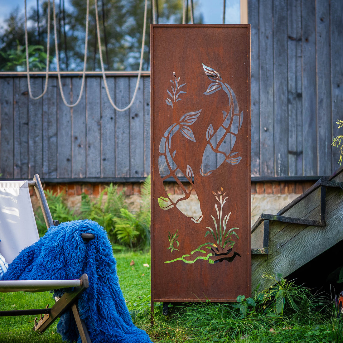Panel ogrodowy Corten - Parawan z rybami 160 x 50 cm