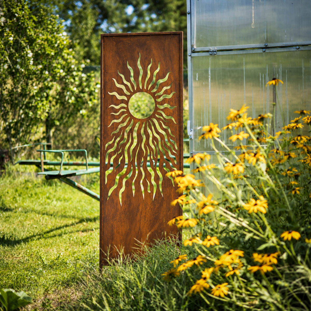 Panel ogrodowy Corten - Parawan z słońcem - 160 x 50 cm
