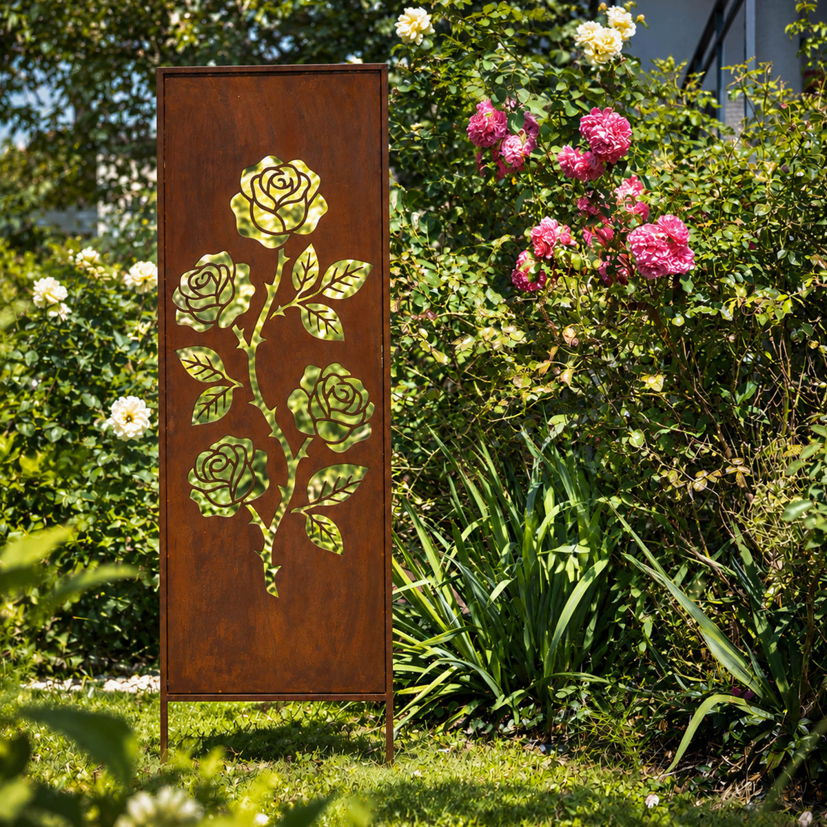 Panel ogrodowy Corten - Parawan z różą - 160 x 50 cm