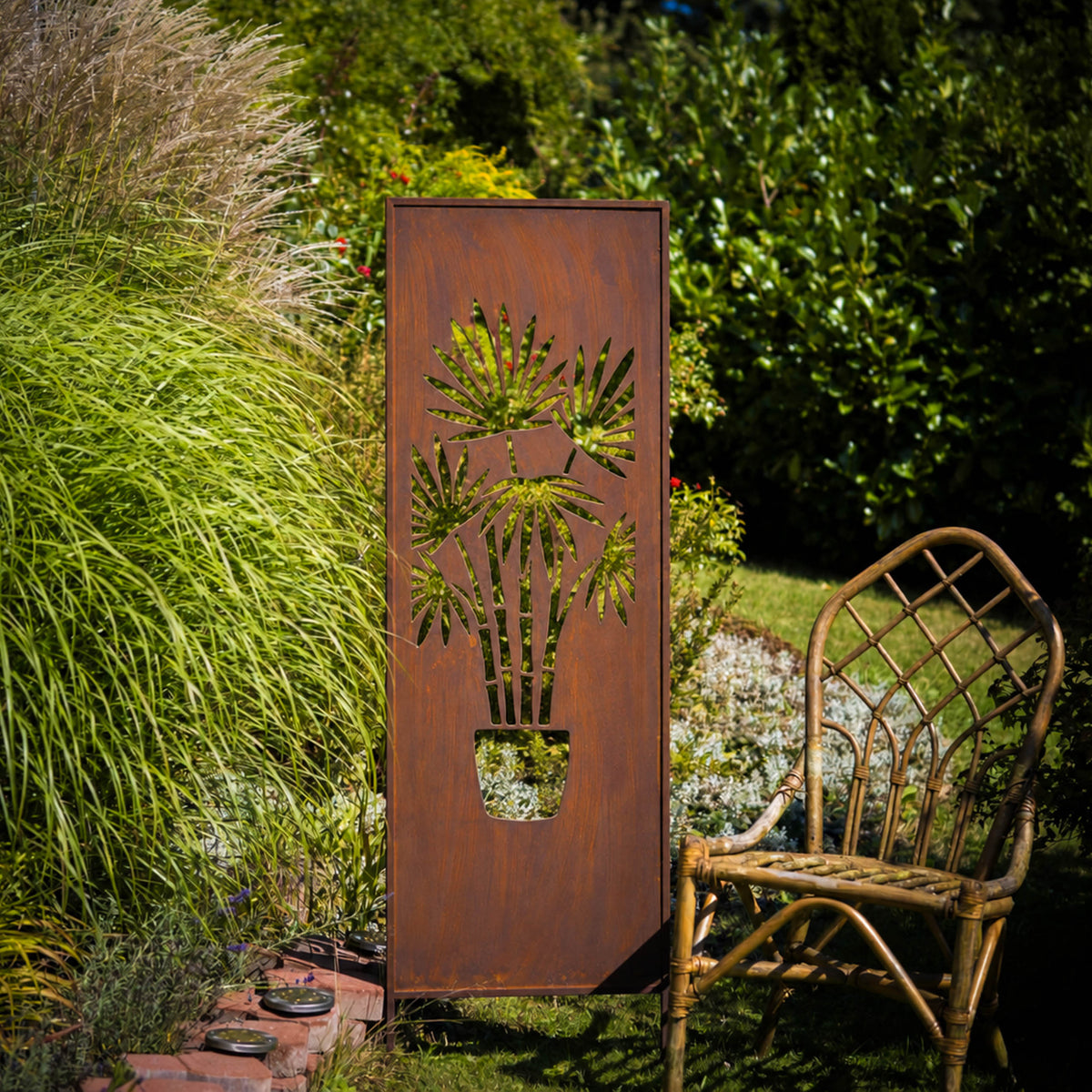 Panel ogrodowy Corten - Parawan z bambusem w donicy - (wersja niska)  - 160 x 50 cm