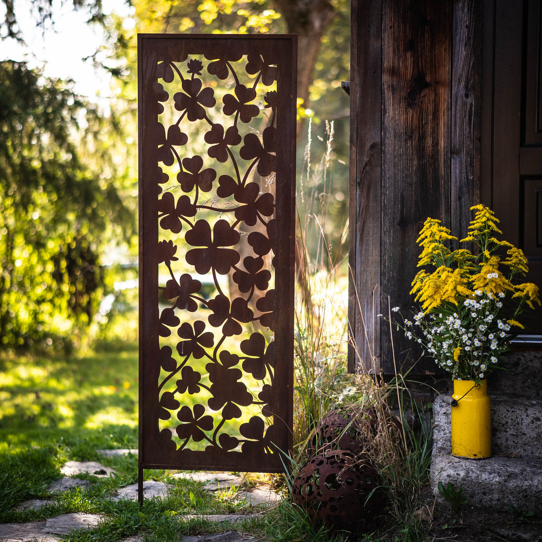 Panel ogrodowy Corten - Parawan z koniczyną (wersja z ramką) - 160 x 50 cm