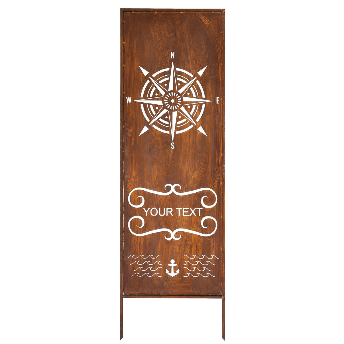 Panel ogrodowy Corten - Parawan z różą wiatrów i personalizowanym napisem 160 x 50 cm
