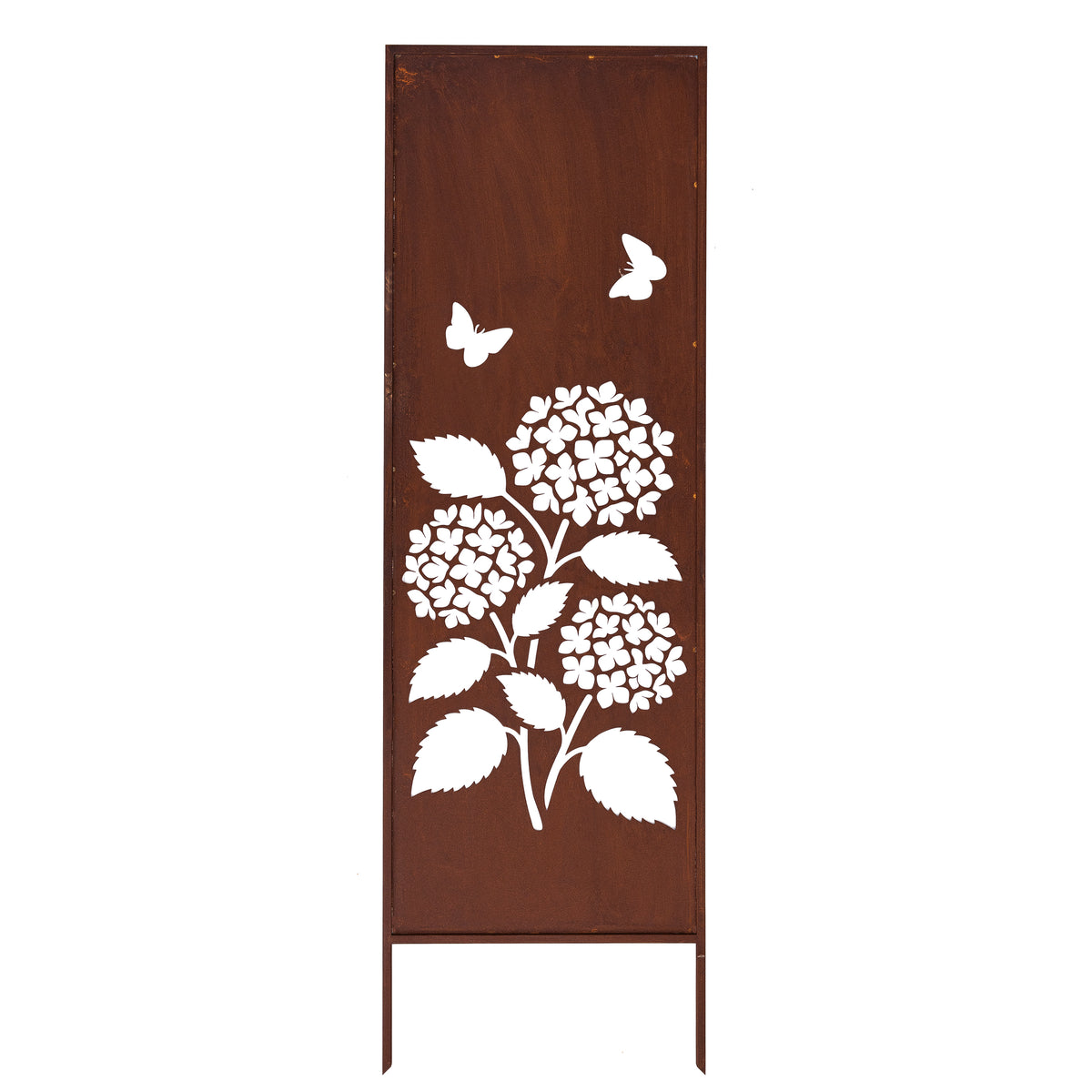 Panel ogrodowy Corten - Parawan z hortensjami z motylami - 160 x 50 cm
