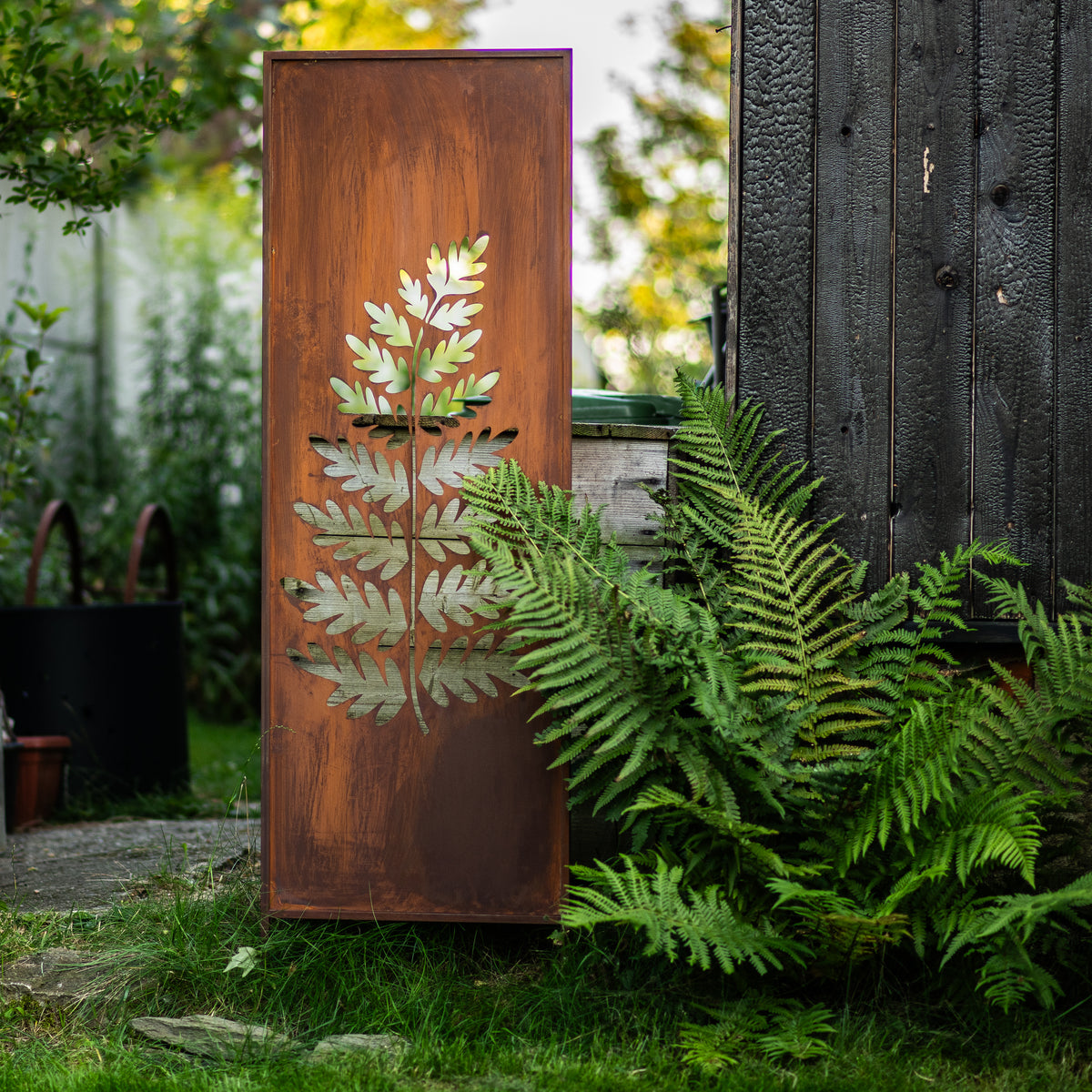 Panel ogrodowy Corten - Parawan z dużą paprocią 160 x 50 cm