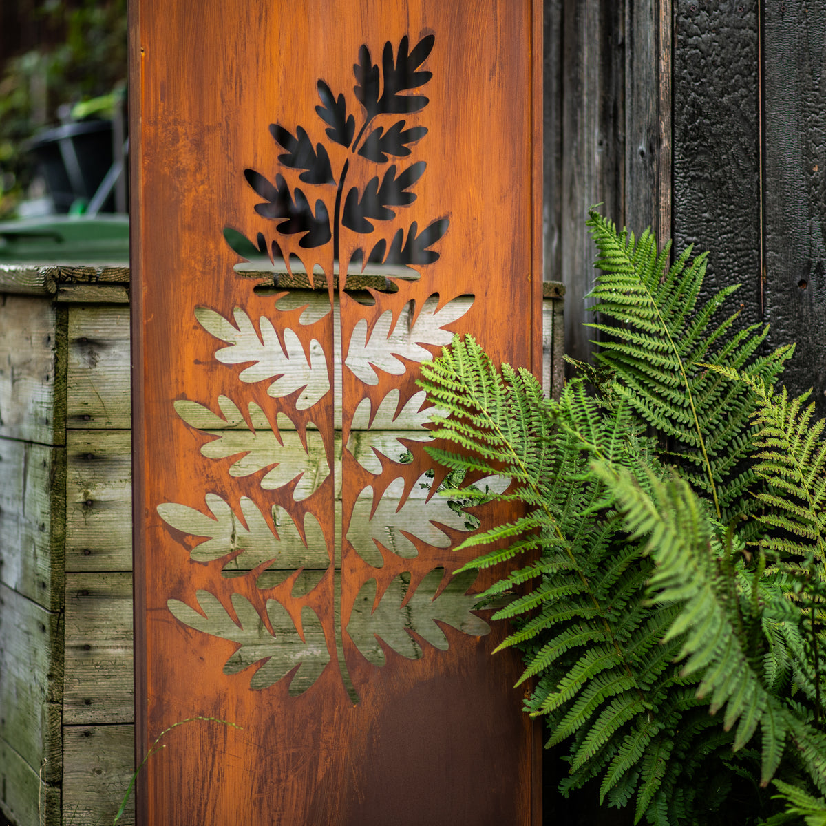 Panel ogrodowy Corten - Parawan z dużą paprocią 160 x 50 cm