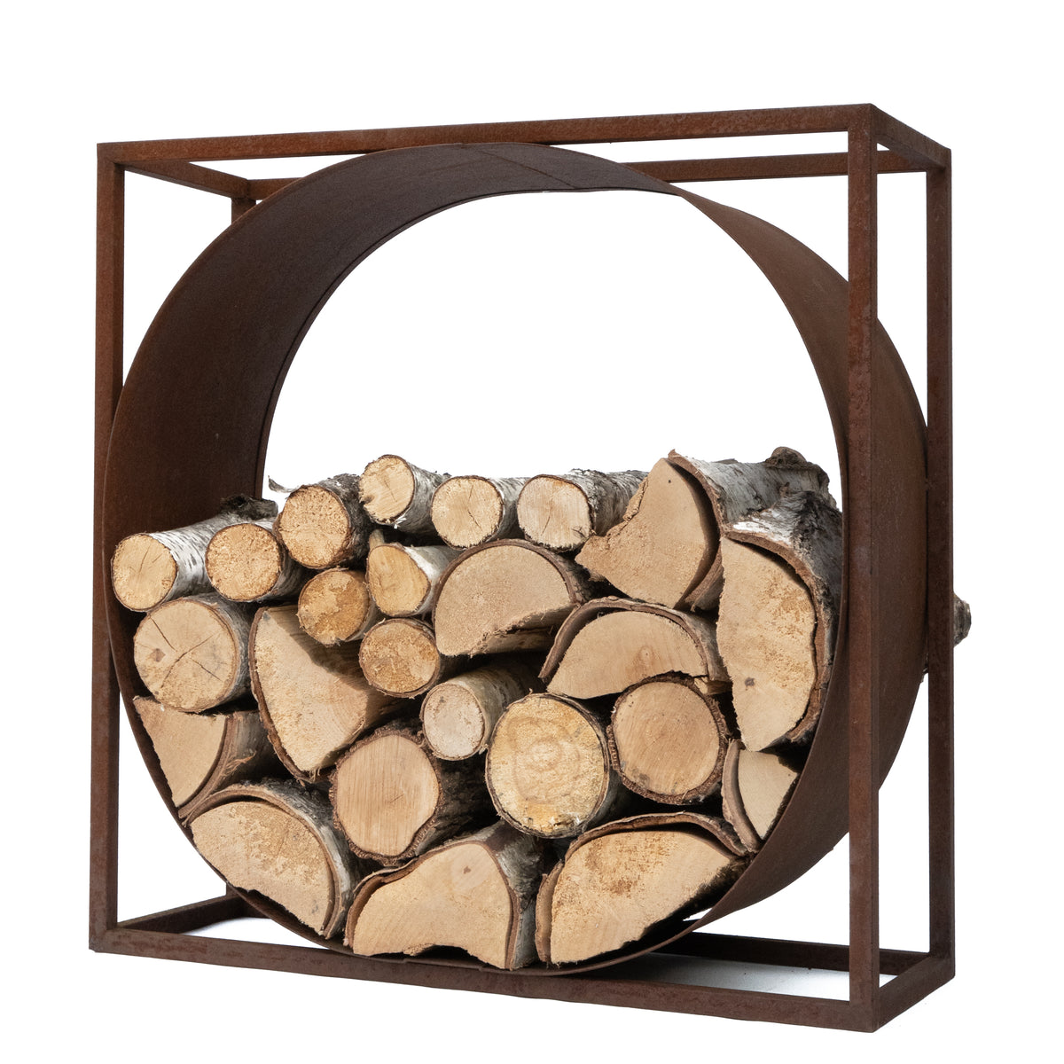 Metalowy stojak na drewno kominkowe – prostokątny z okręgiem - regał na drewno ze stali 75x70x35 cm