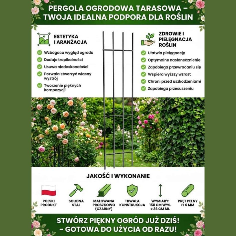 Metalowa Kratka Drabinka Do Roślin Pnących 150 cm - Czarna Podpora dla Róż i Kwiatów - Kapaga