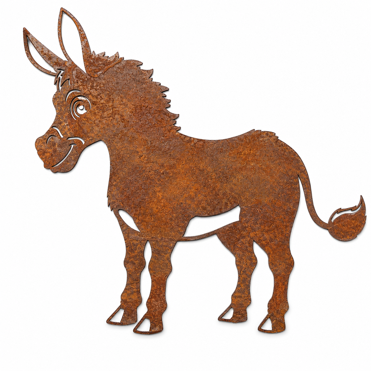 Metalowa dekoracja ogrodowa Osioł 80 cm – stal patynowana z efektem corten
