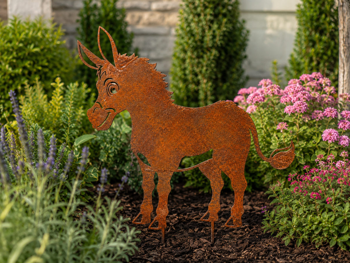 Metalowa dekoracja ogrodowa Osioł 80 cm – stal patynowana z efektem corten