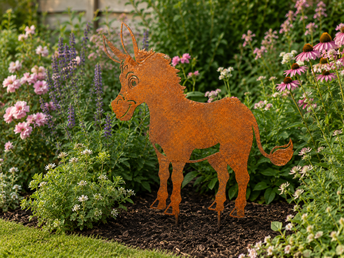 Metalowa dekoracja ogrodowa Osioł 80 cm – stal patynowana z efektem corten