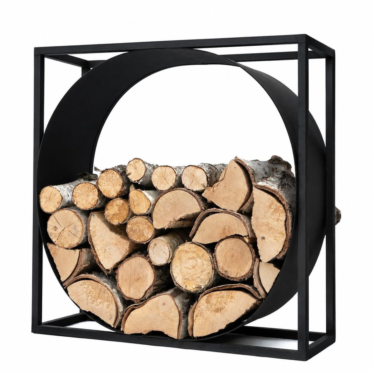 Metalowy stojak na drewno kominkowe – prostokątny z okręgiem - regał na drewno ze stali 75x70x35 cm