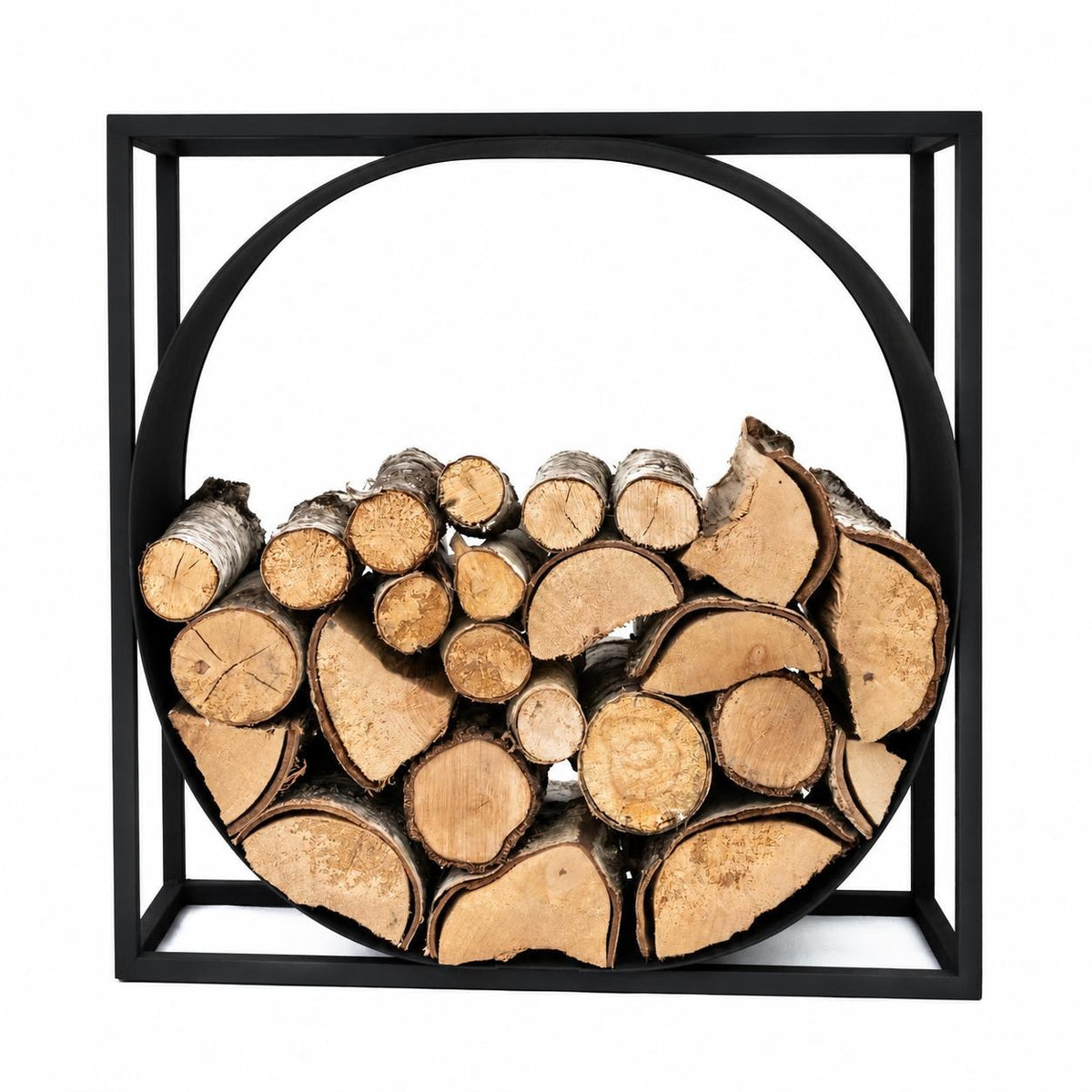 Metalowy stojak na drewno kominkowe – prostokątny z okręgiem - regał na drewno ze stali 75x70x35 cm