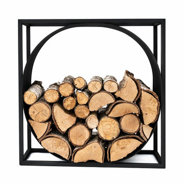 Metalowy stojak na drewno kominkowe – prostokątny z okręgiem - regał na drewno ze stali 75x70x35 cm